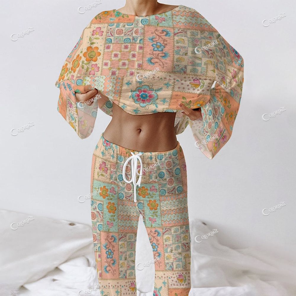 Women's Patchwork Floral Print Long Sleeve Cotton Homewear Set