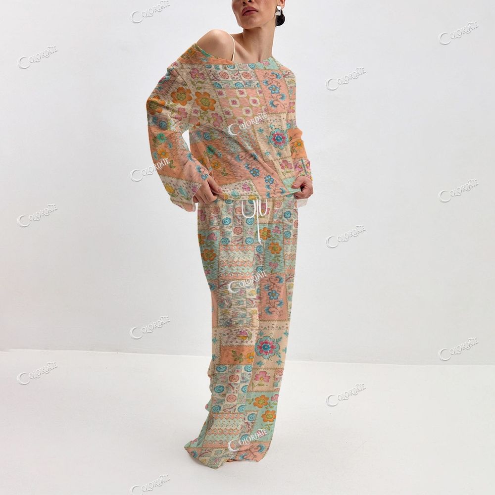 Women's Patchwork Floral Print Long Sleeve Cotton Homewear Set