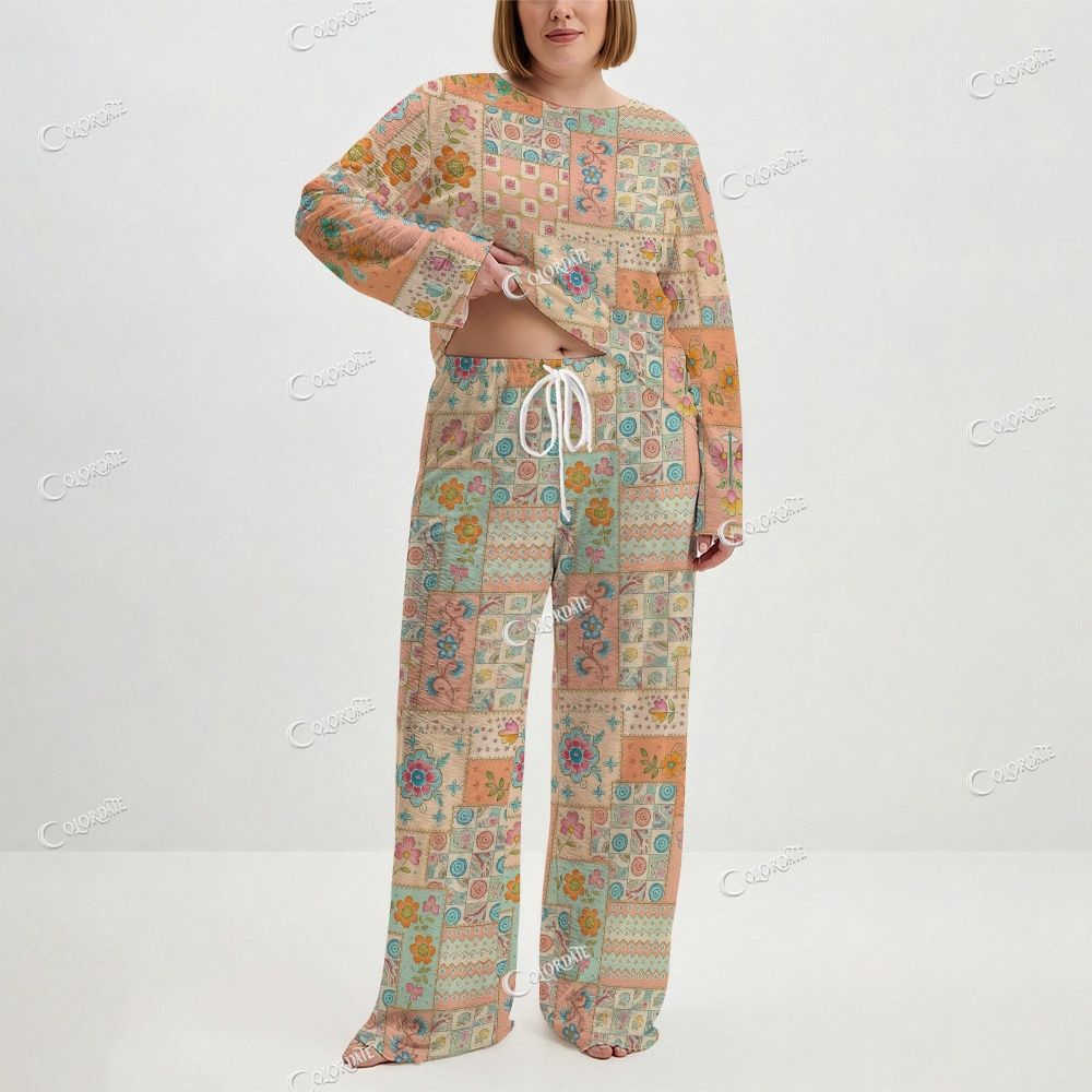 Women's Patchwork Floral Print Long Sleeve Cotton Homewear Set