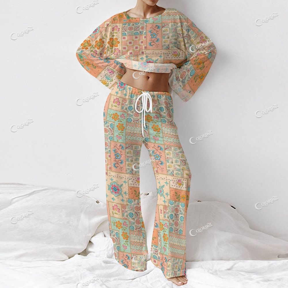 Women's Patchwork Floral Print Long Sleeve Cotton Homewear Set