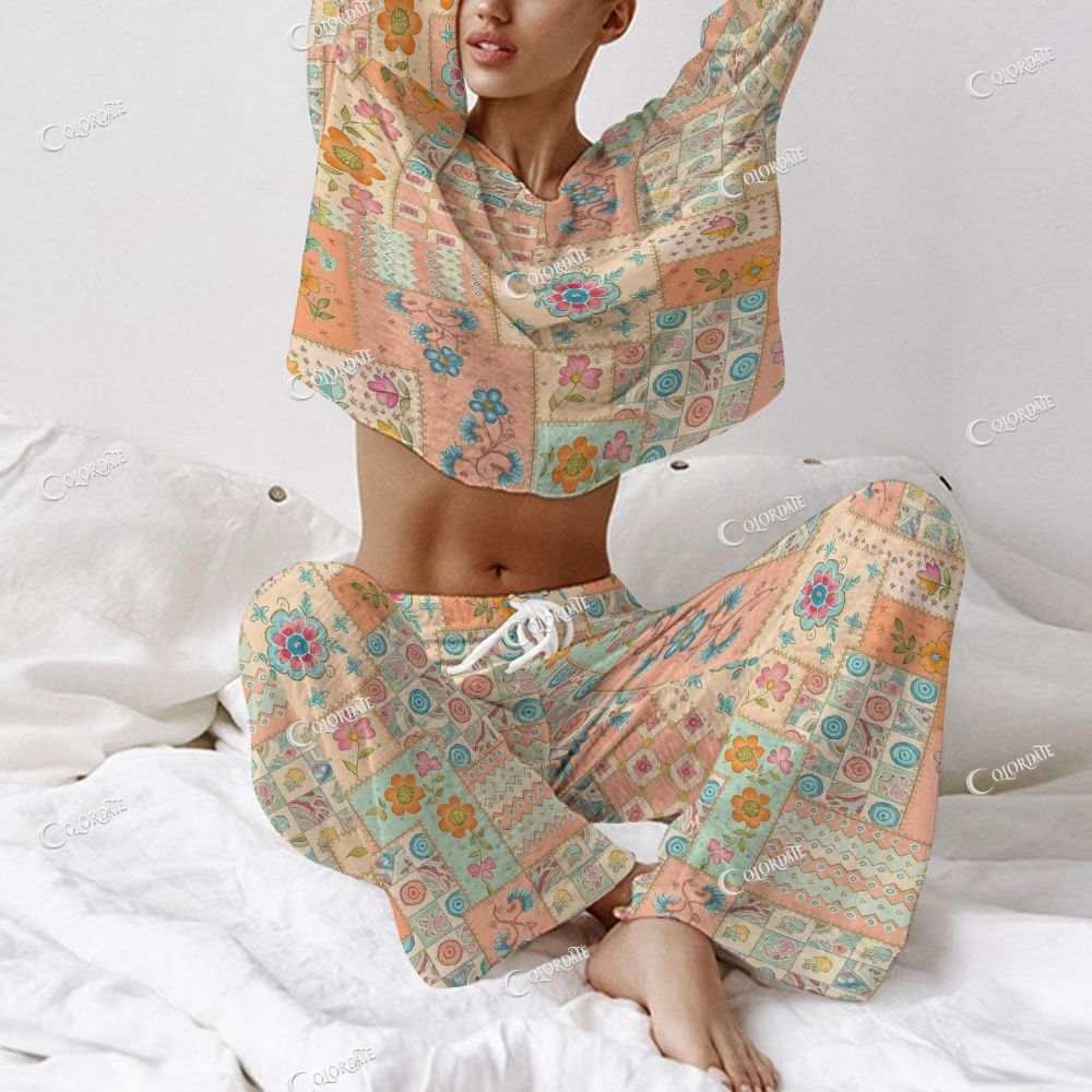 Women's Patchwork Floral Print Long Sleeve Cotton Homewear Set