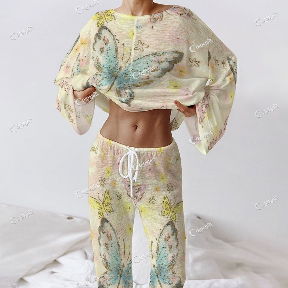 Women's Butterfly Floral Print Long Sleeve Cotton Homewear Set