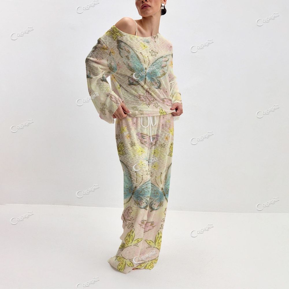 Women's Butterfly Floral Print Long Sleeve Cotton Homewear Set