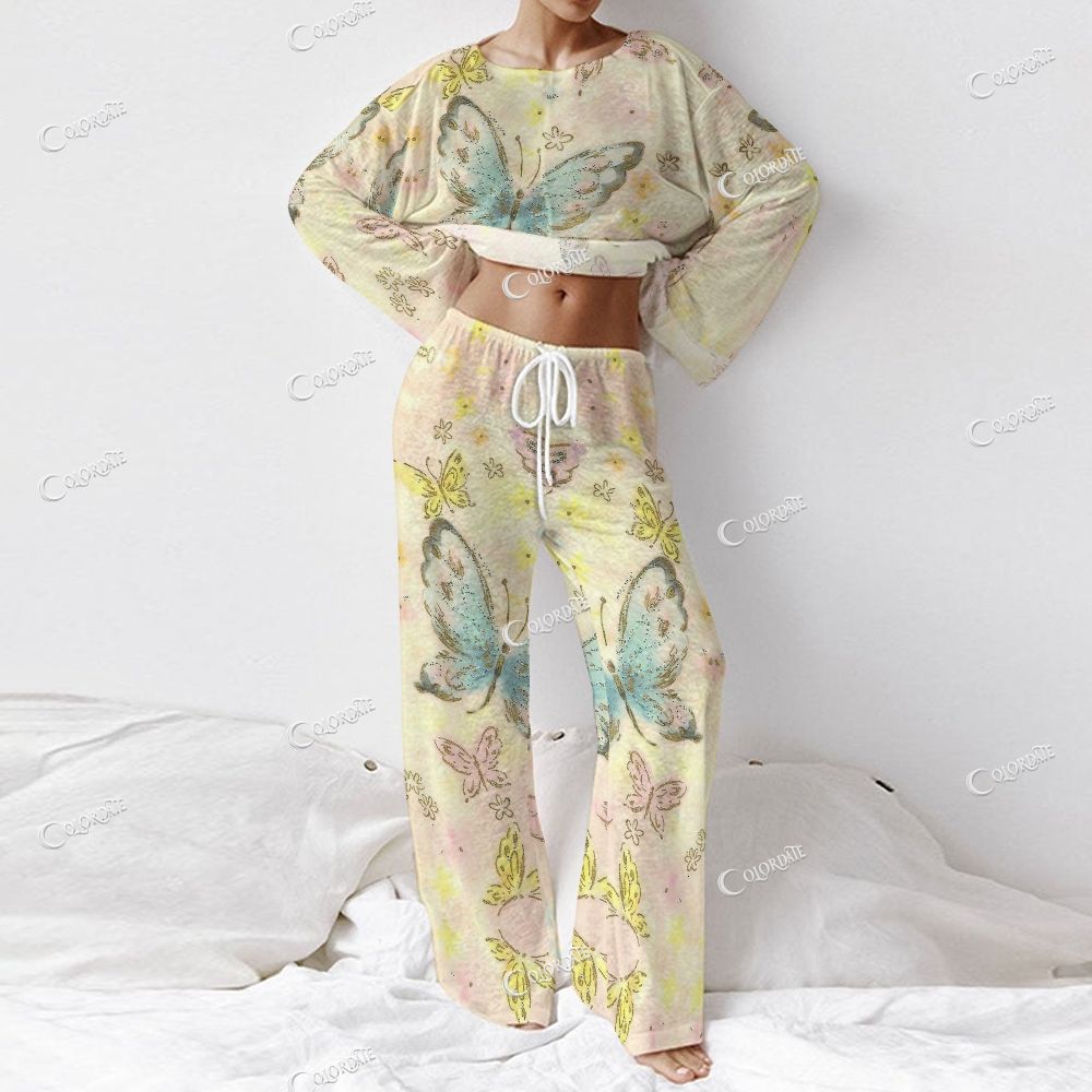 Women's Butterfly Floral Print Long Sleeve Cotton Homewear Set