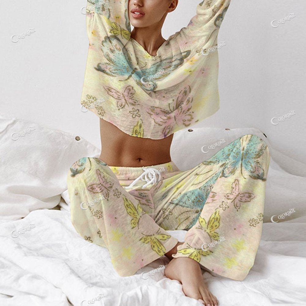 Women's Butterfly Floral Print Long Sleeve Cotton Homewear Set
