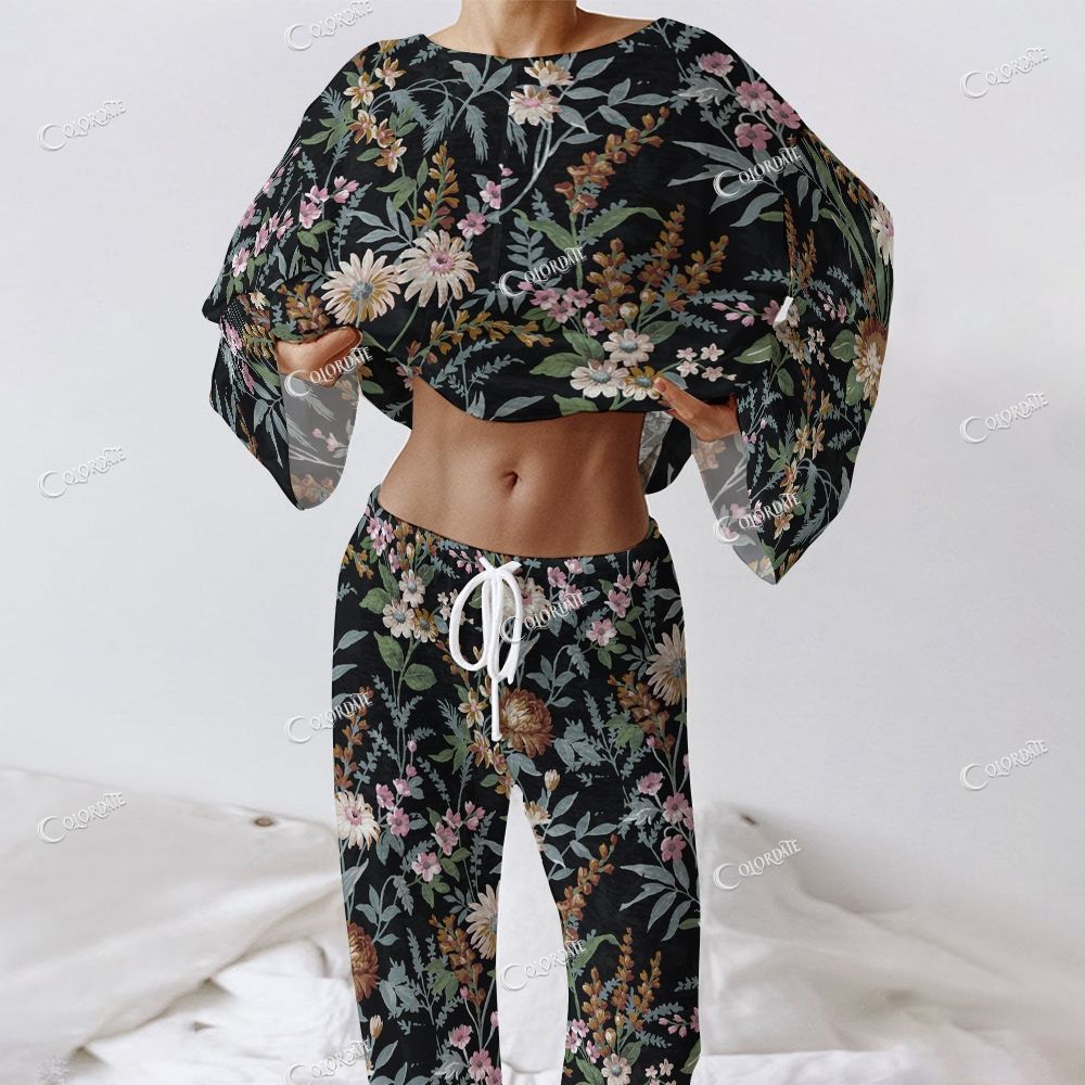 Women's Black Wildflower Print Long Sleeve Cotton Homewear Set