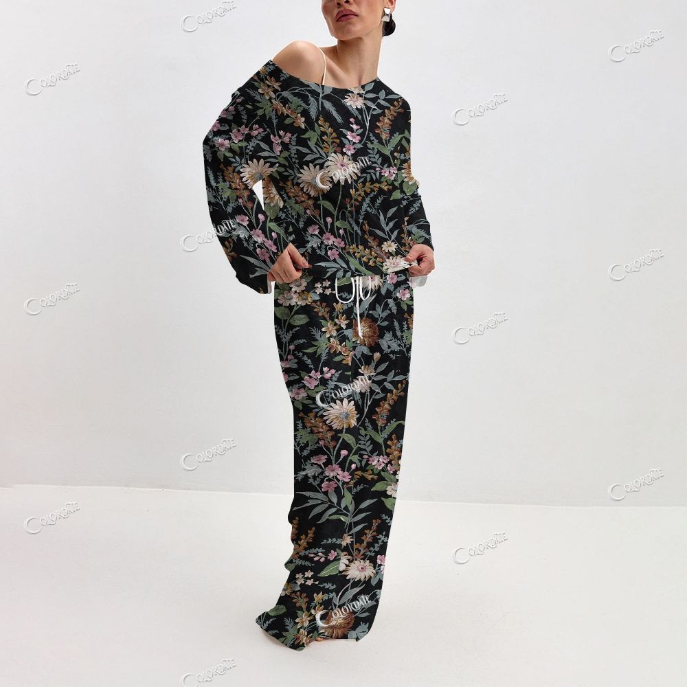 Women's Black Wildflower Print Long Sleeve Cotton Homewear Set