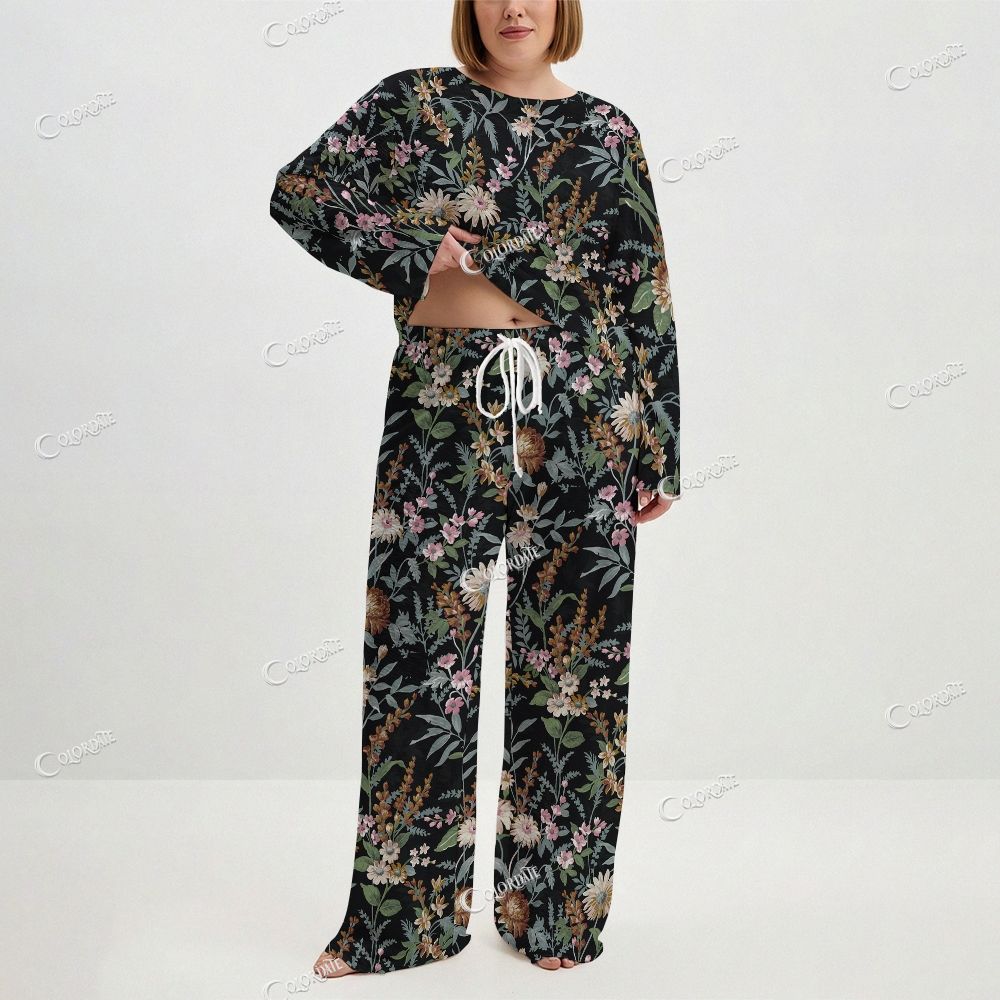 Women's Black Wildflower Print Long Sleeve Cotton Homewear Set