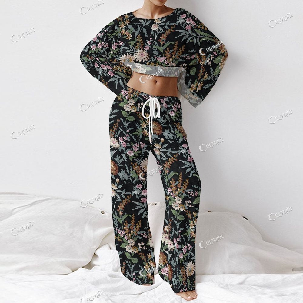 Women's Black Wildflower Print Long Sleeve Cotton Homewear Set