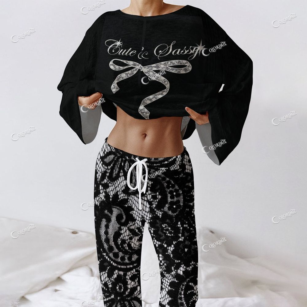 Women's Black Bow Long Sleeve Cotton Homewear Set