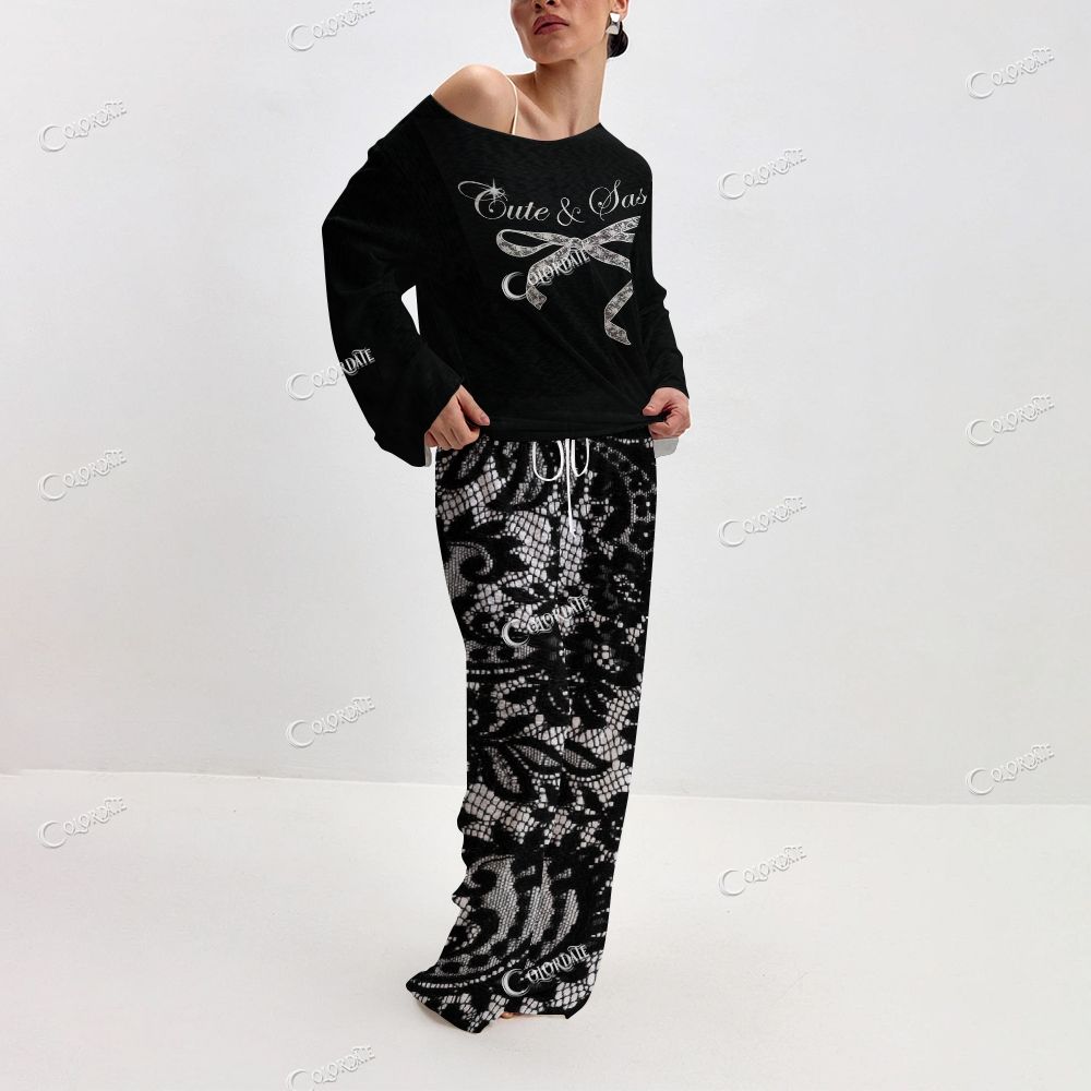 Women's Black Bow Long Sleeve Cotton Homewear Set