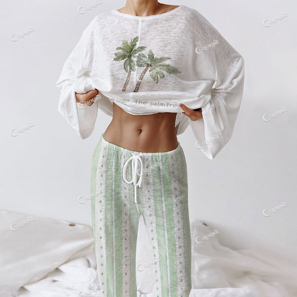 Women's  Green Palm Tree Print Long Sleeve Cotton Homewear Set