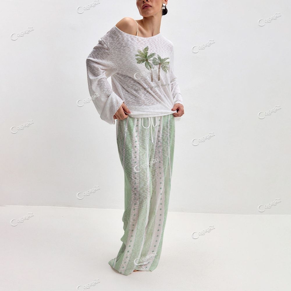 Women's  Green Palm Tree Print Long Sleeve Cotton Homewear Set