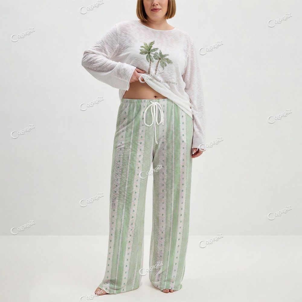 Women's  Green Palm Tree Print Long Sleeve Cotton Homewear Set
