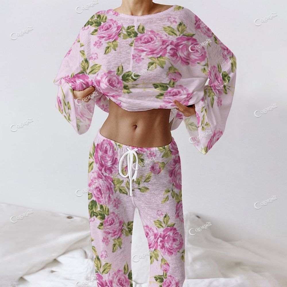 Women's Watercolor Floral Print Long Sleeve Cotton Homewear Set