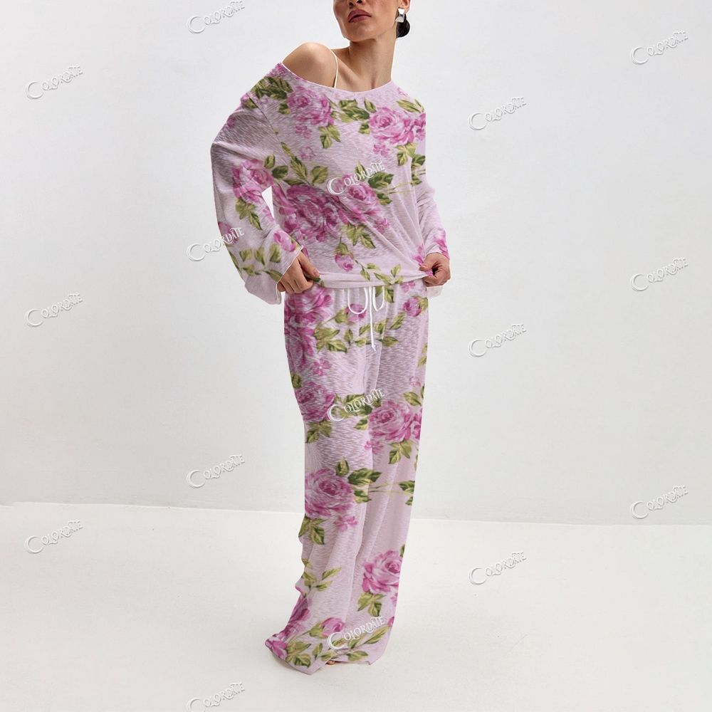 Women's Watercolor Floral Print Long Sleeve Cotton Homewear Set