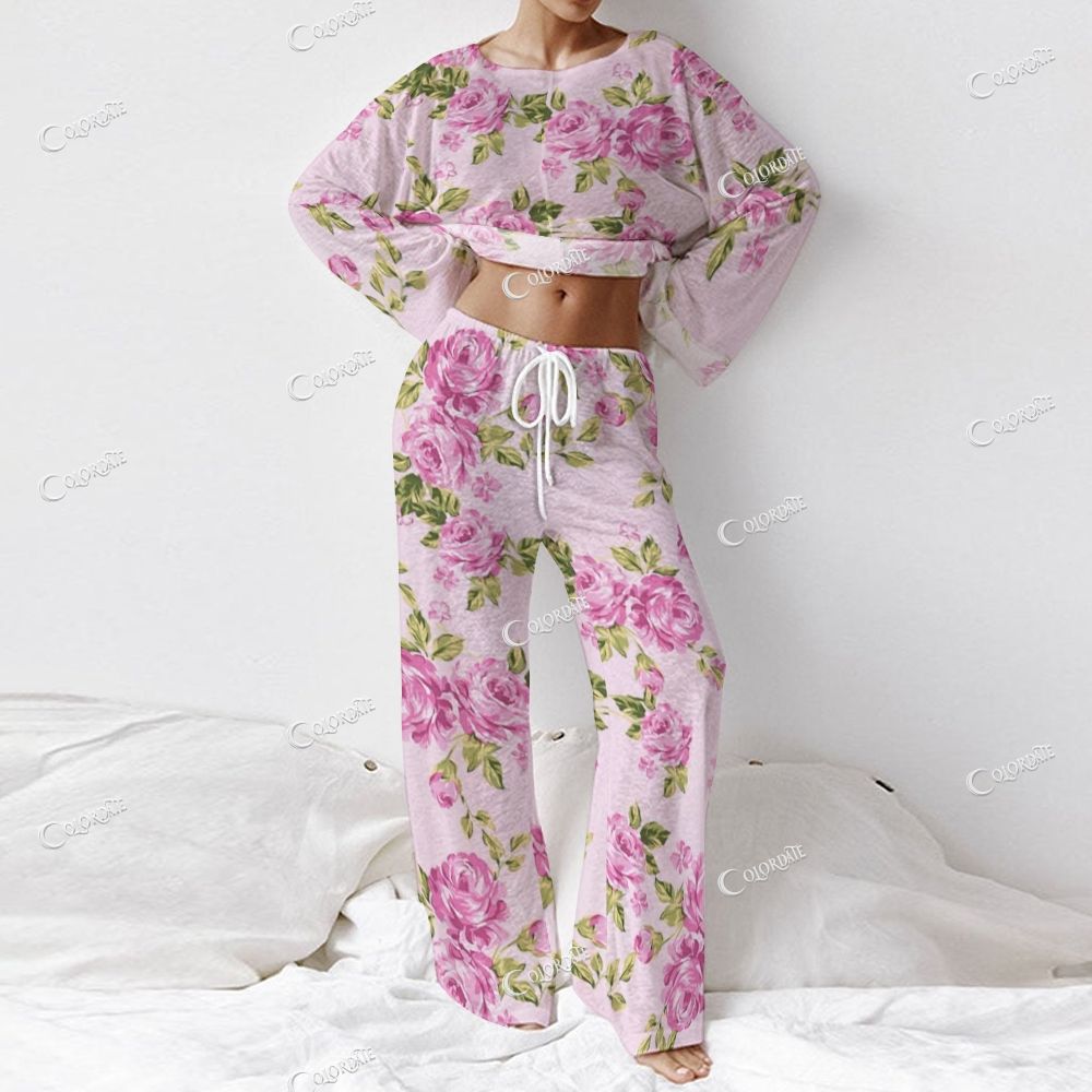 Women's Watercolor Floral Print Long Sleeve Cotton Homewear Set
