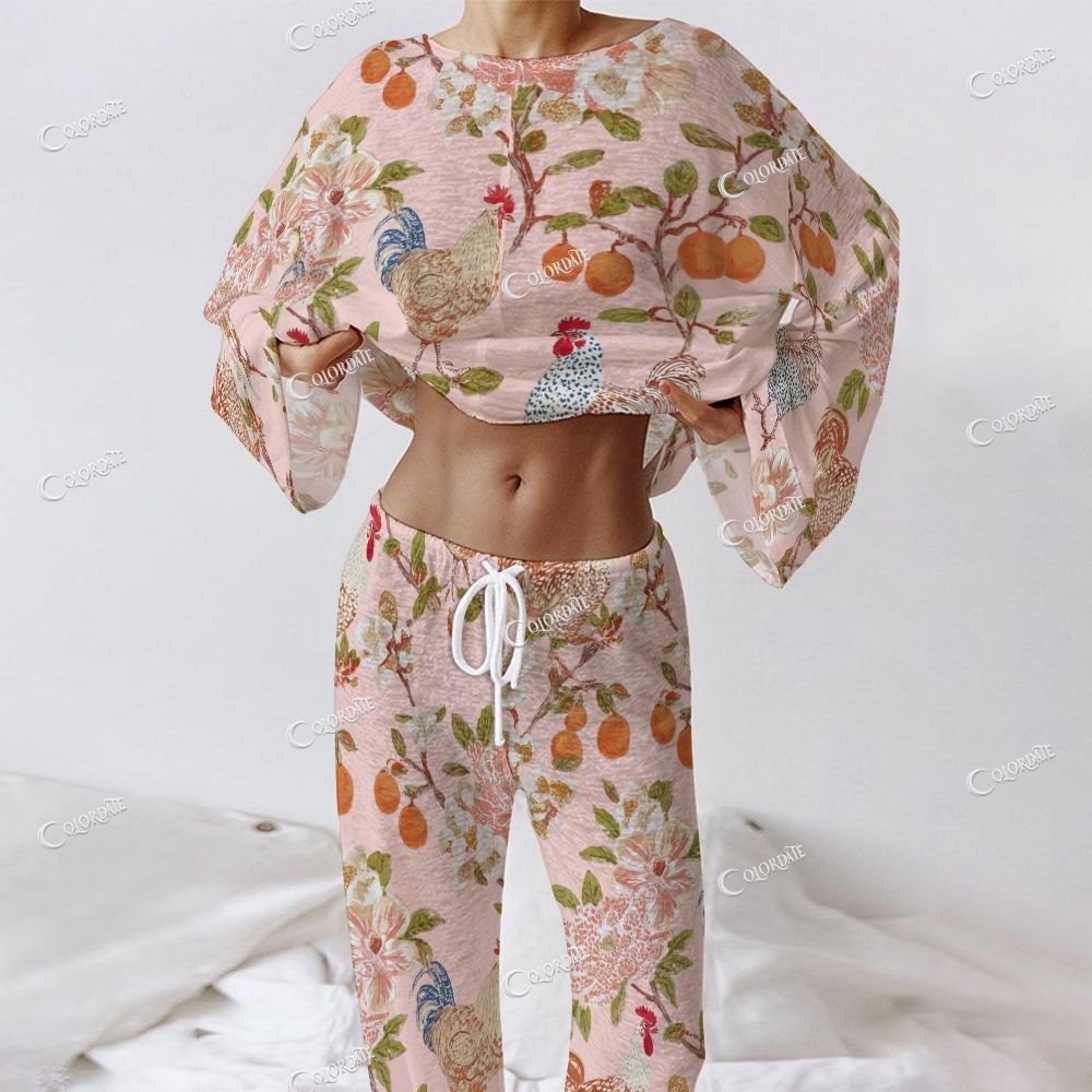 Women's Farm Chickens & Florals Print Long Sleeve Cotton Homewear Set