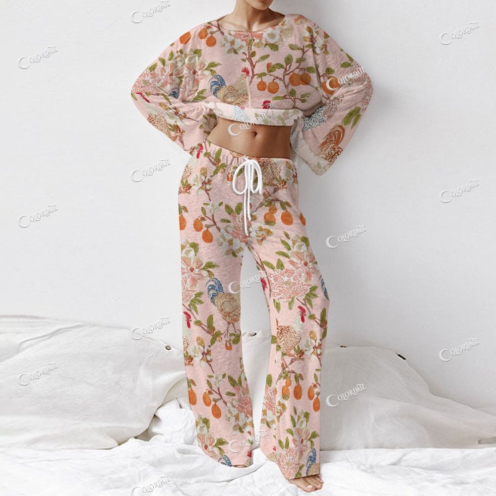 Women's Farm Chickens & Florals Print Long Sleeve Cotton Homewear Set