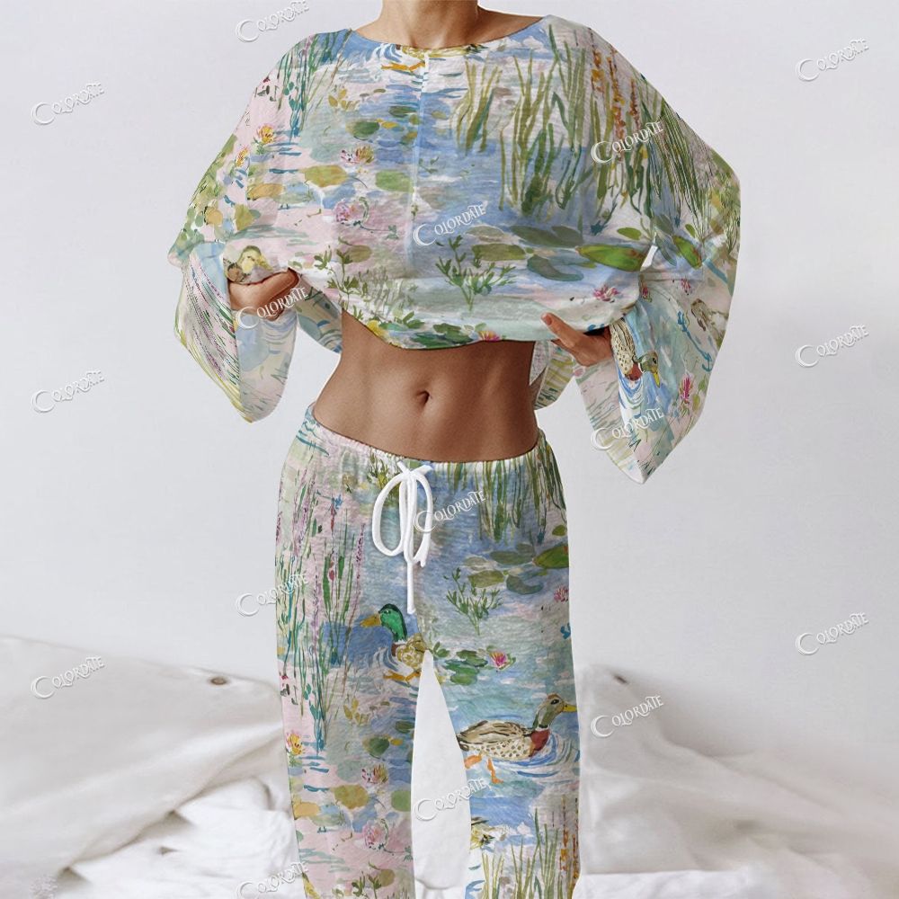 Women's Water Lilies Pond Print Long Sleeve Cotton Homewear Set
