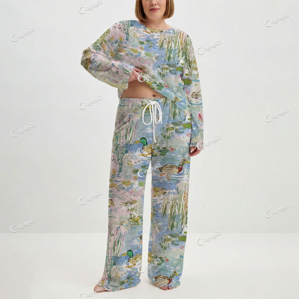 Women's Water Lilies Pond Print Long Sleeve Cotton Homewear Set