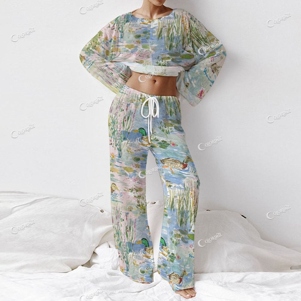 Women's Water Lilies Pond Print Long Sleeve Cotton Homewear Set