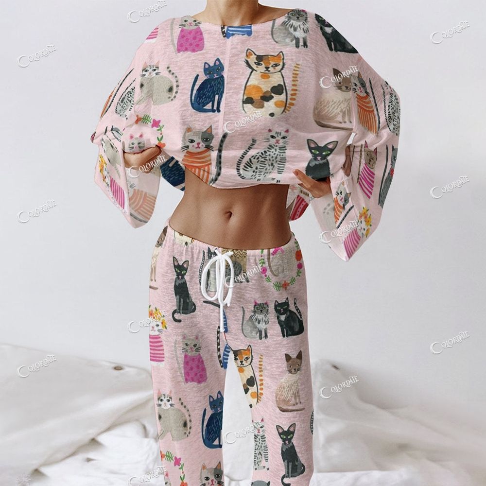 Women's Playful Kitties Print Long Sleeve Cotton Homewear Set