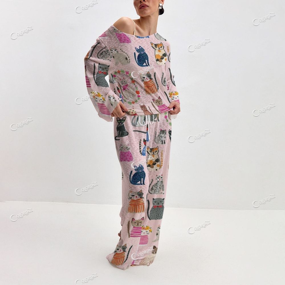 Women's Playful Kitties Print Long Sleeve Cotton Homewear Set
