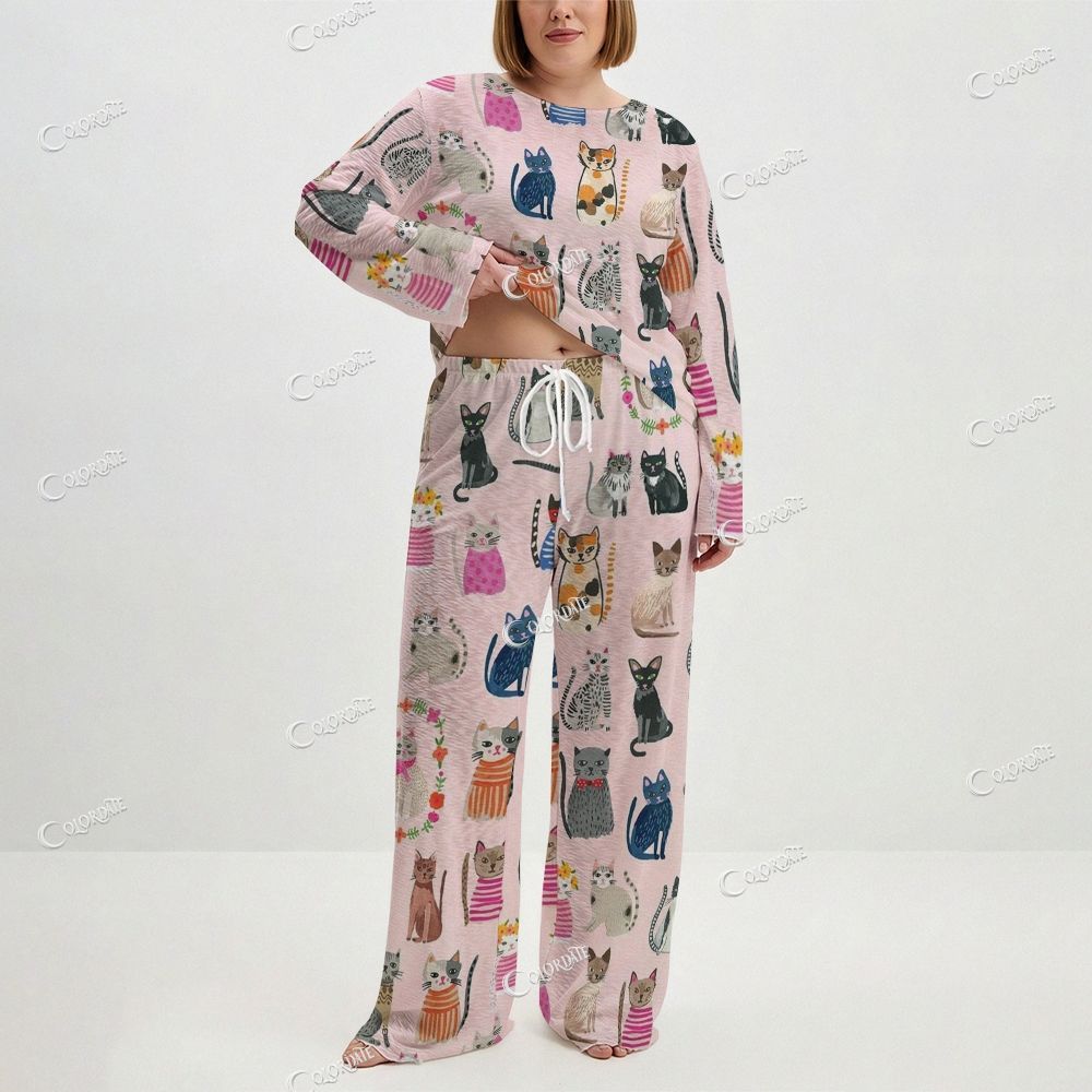 Women's Playful Kitties Print Long Sleeve Cotton Homewear Set