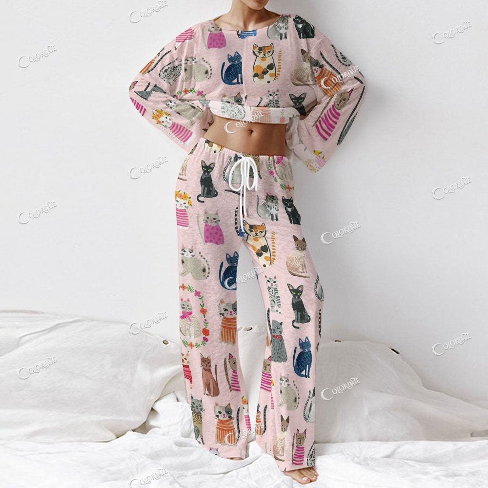 Women's Playful Kitties Print Long Sleeve Cotton Homewear Set