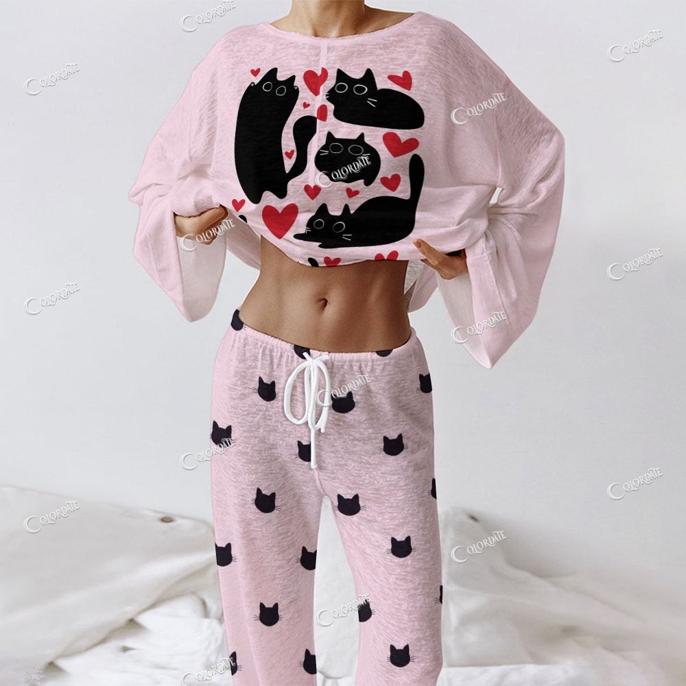Women's Hearts & Cats Print  Long Sleeve Cotton Homewear Set