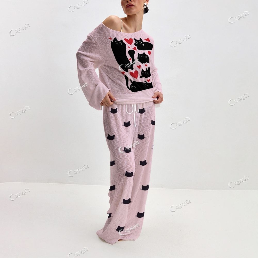 Women's Hearts & Cats Print  Long Sleeve Cotton Homewear Set