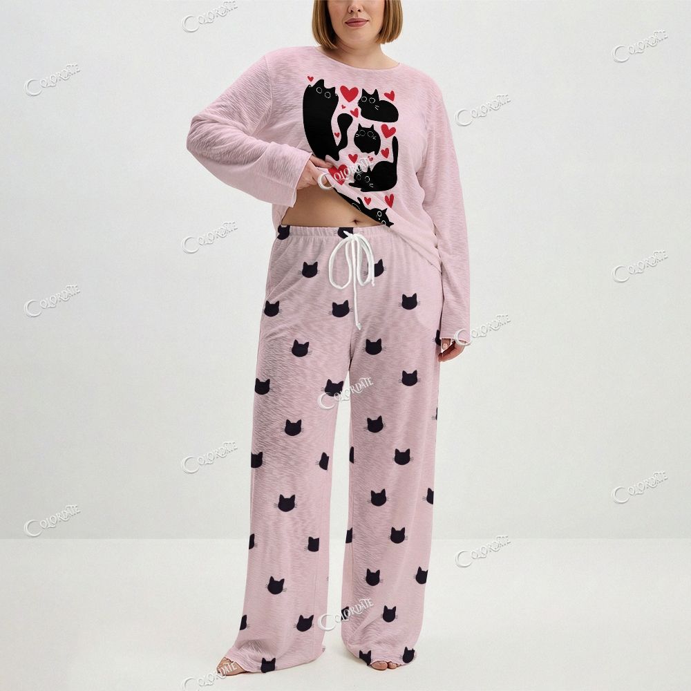 Women's Hearts & Cats Print  Long Sleeve Cotton Homewear Set