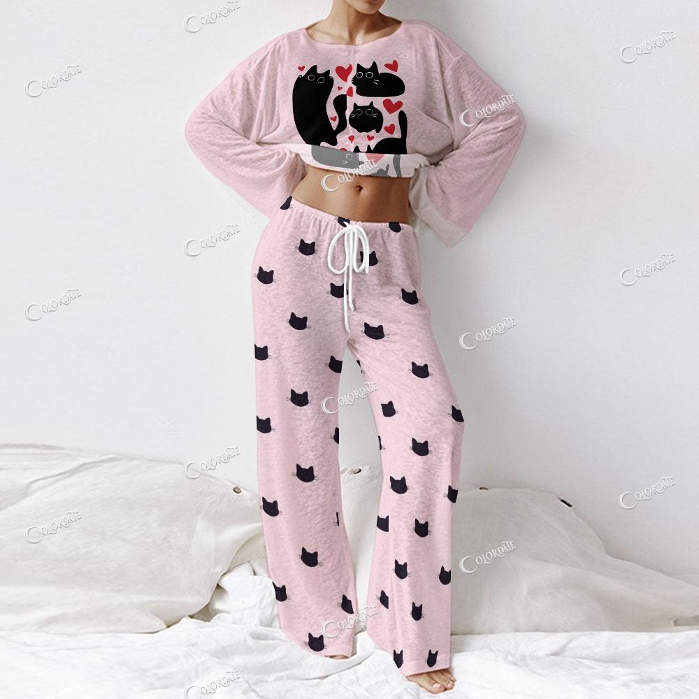 Women's Hearts & Cats Print  Long Sleeve Cotton Homewear Set