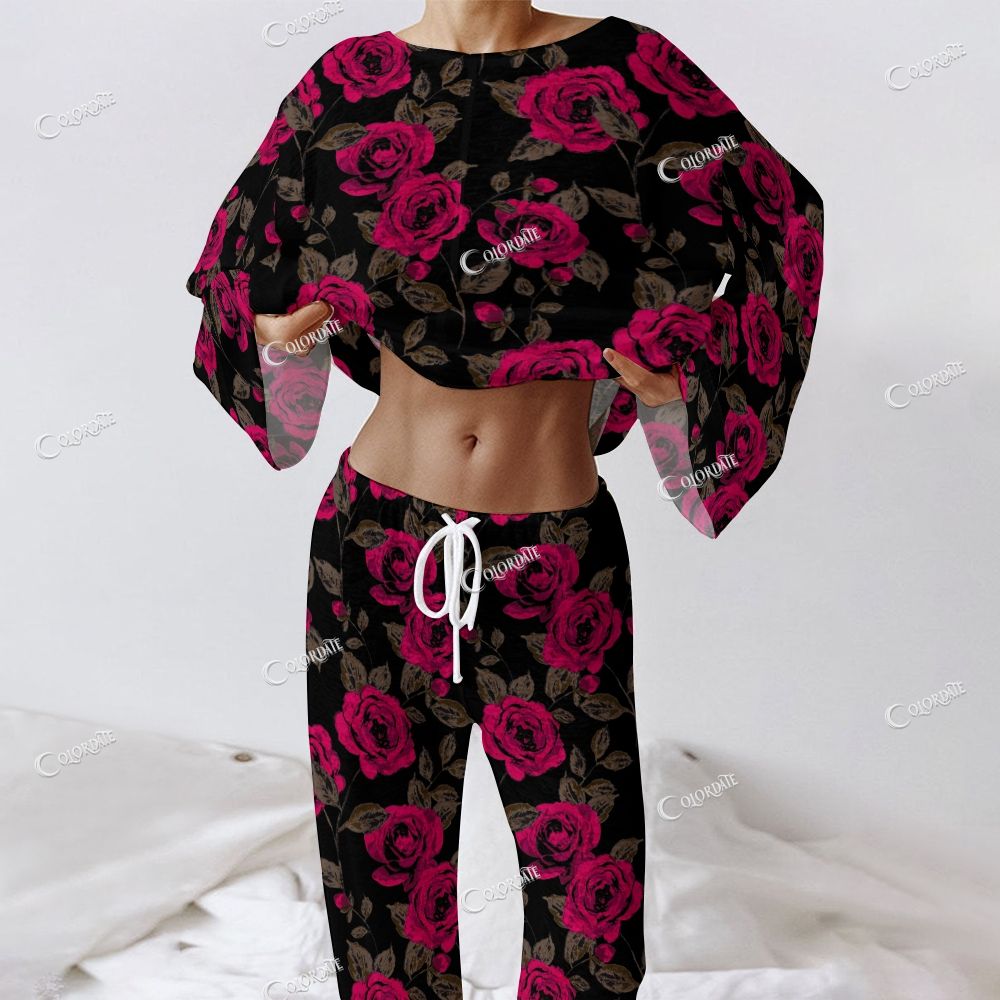 Women's Rose Print Long Sleeve Cotton Homewear Set