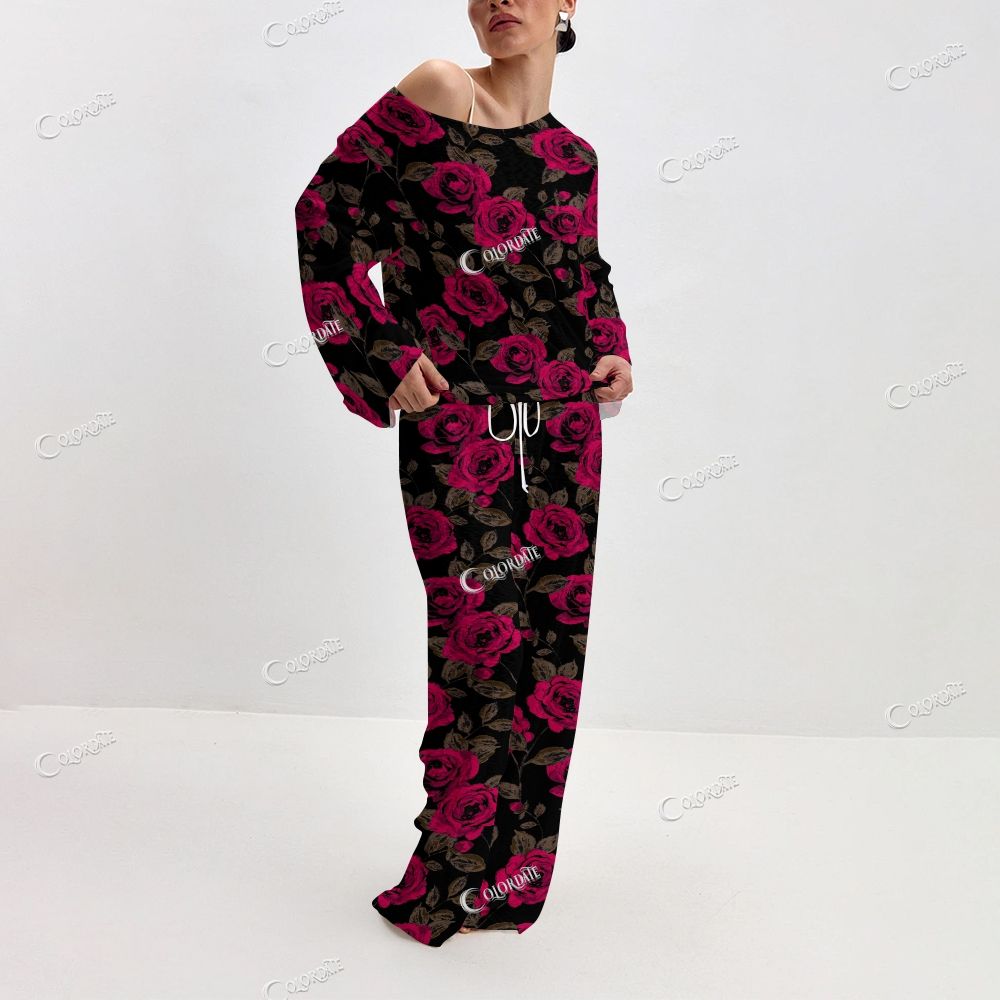 Women's Rose Print Long Sleeve Cotton Homewear Set