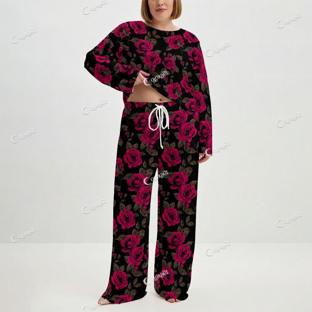 Women's Rose Print Long Sleeve Cotton Homewear Set