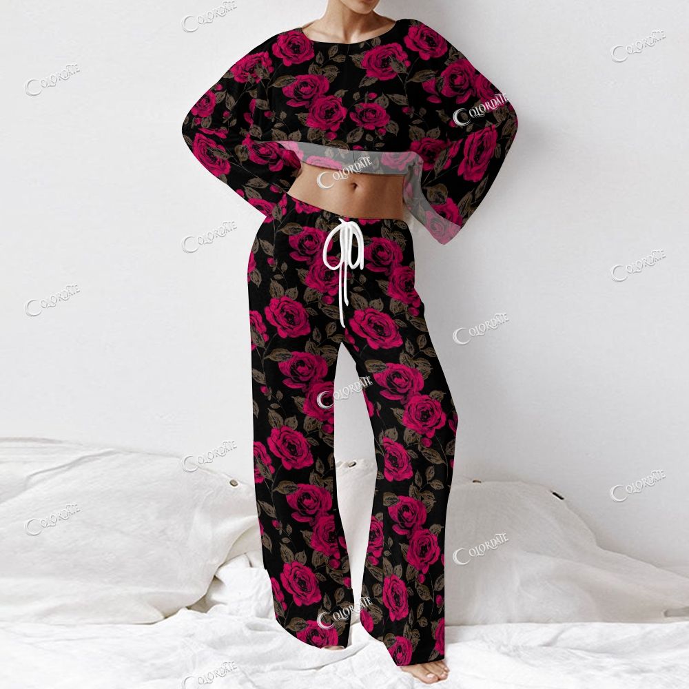 Women's Rose Print Long Sleeve Cotton Homewear Set
