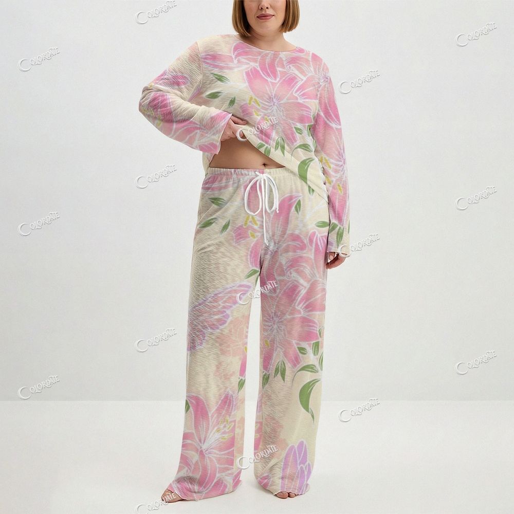Women's Pink Flower Print Long Sleeve Cotton Homewear Set