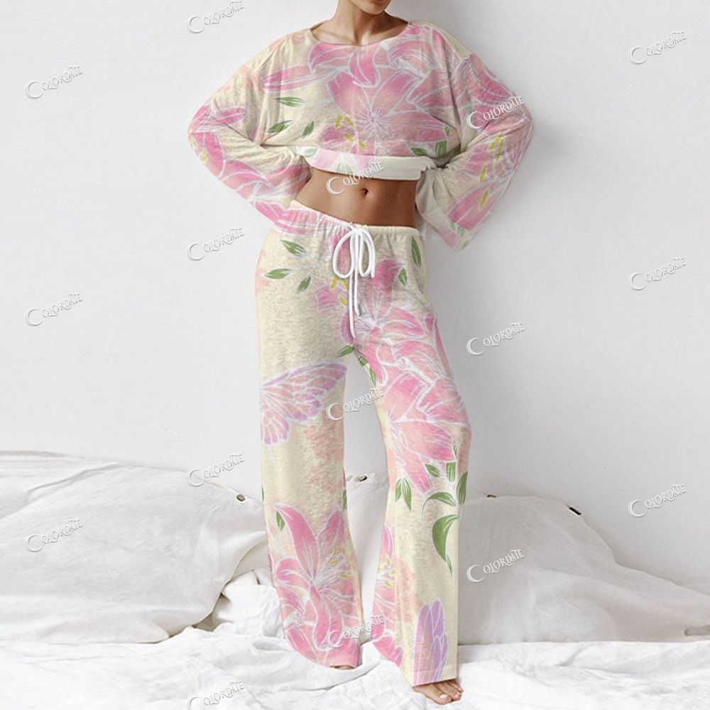 Women's Pink Flower Print Long Sleeve Cotton Homewear Set
