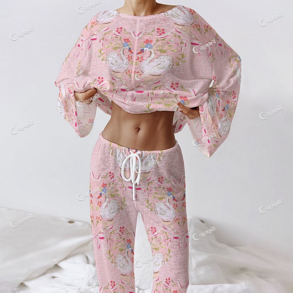 Women's Pink Swan Print Long Sleeve Cotton Homewear Set
