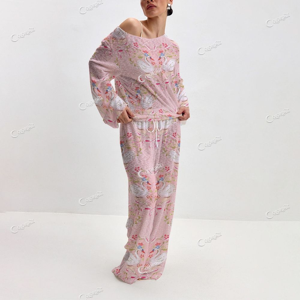 Women's Pink Swan Print Long Sleeve Cotton Homewear Set