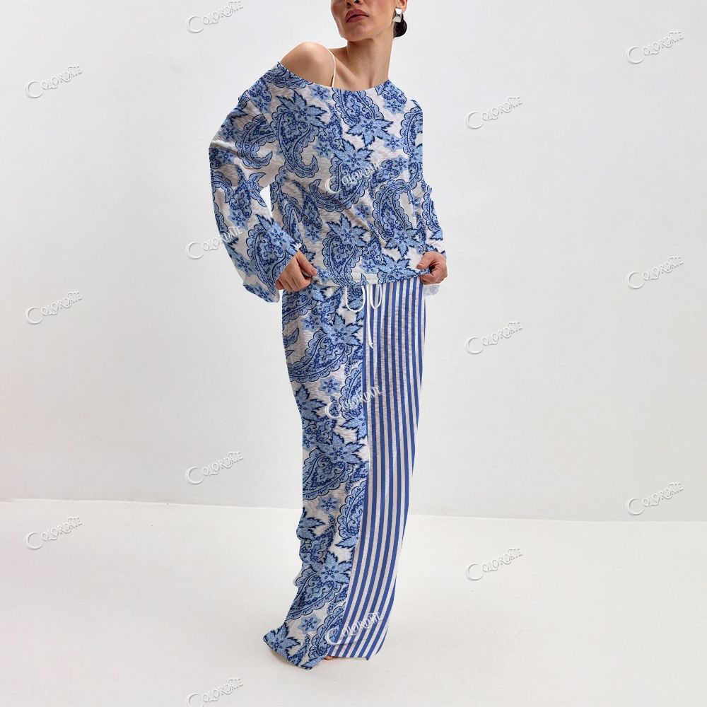 Women's Blue Paisley Print Long Sleeve Cotton Homewear Set