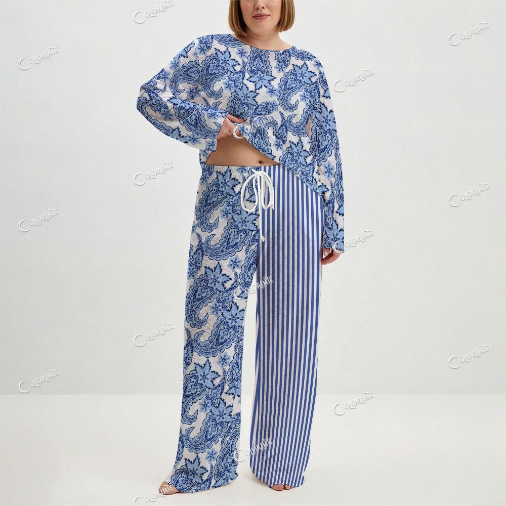 Women's Blue Paisley Print Long Sleeve Cotton Homewear Set