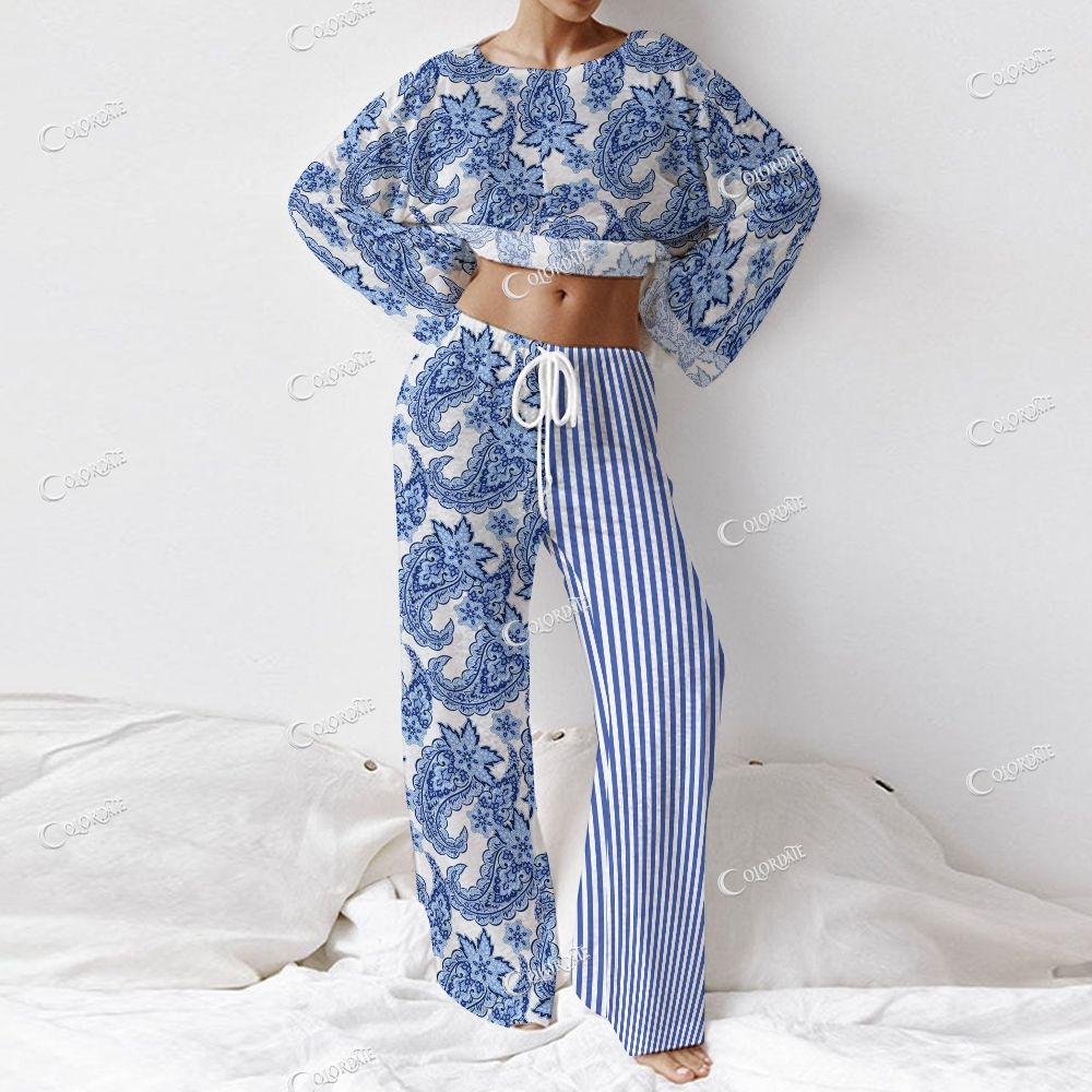 Women's Blue Paisley Print Long Sleeve Cotton Homewear Set