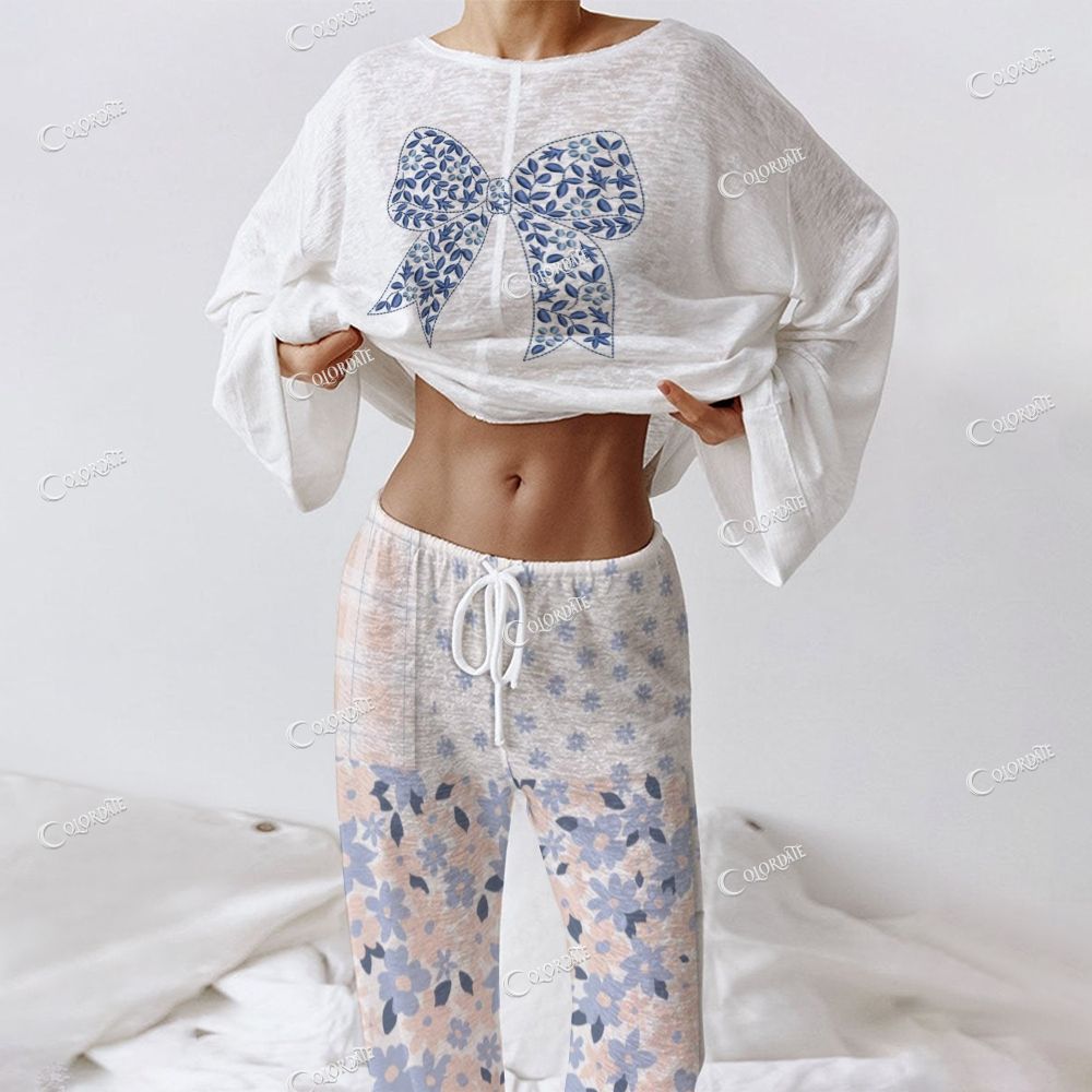 Women's Blue Bow Print Long Sleeve Cotton Homewear Set