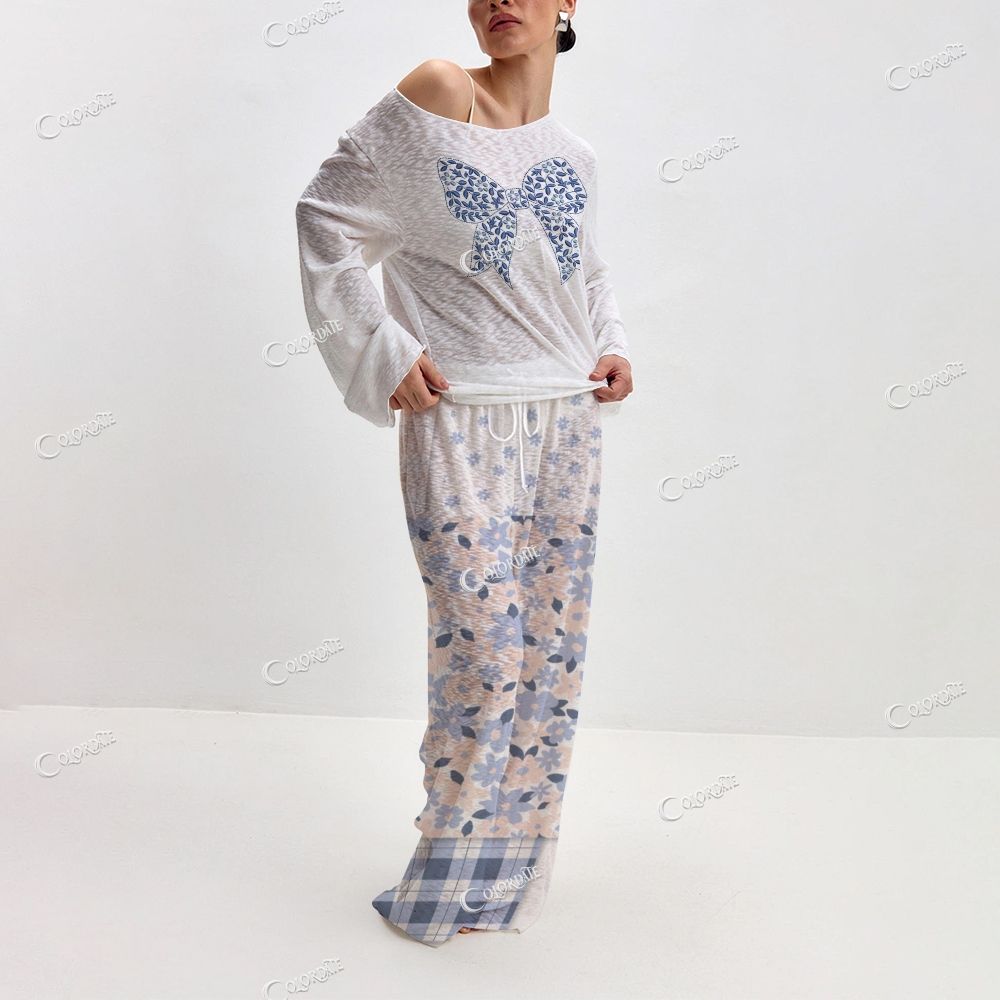 Women's Blue Bow Print Long Sleeve Cotton Homewear Set