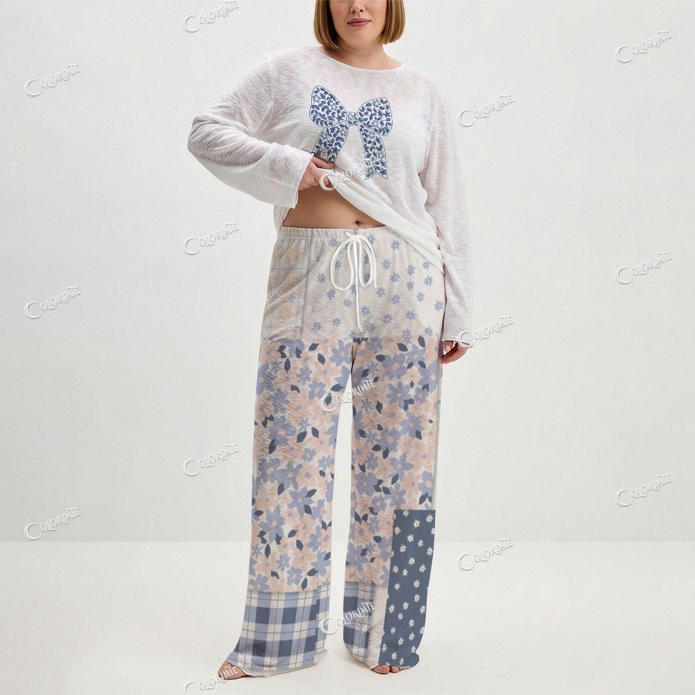 Women's Blue Bow Print Long Sleeve Cotton Homewear Set