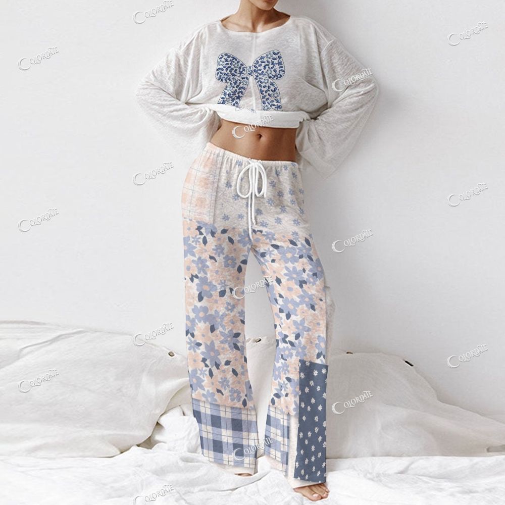 Women's Blue Bow Print Long Sleeve Cotton Homewear Set