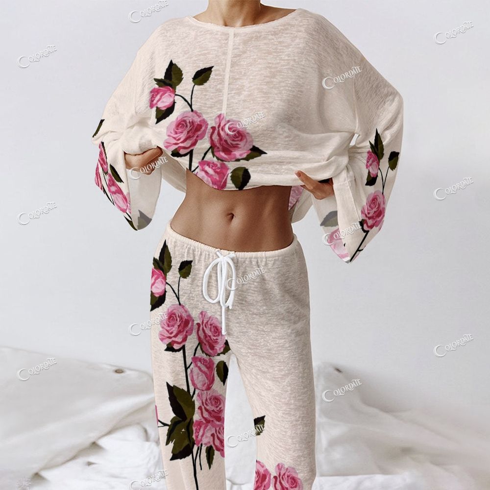 Women's Rose Print Long Sleeve Cotton Homewear Set